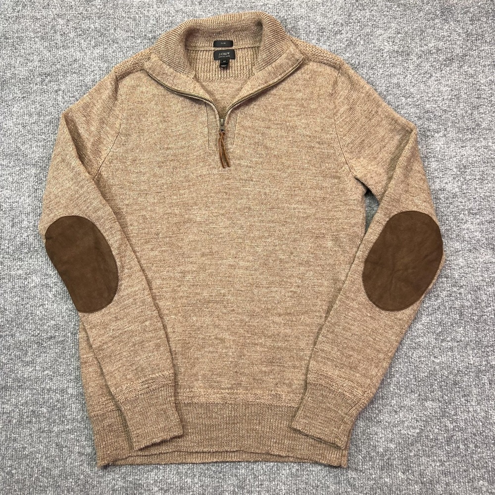 J.Crew Merino Wool Sweater Mens Medium Beige 1/4 Zip Elbow Patch Slim Knit